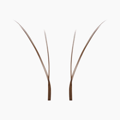 Two individual brown Kitten Lash extension fans on a white background, showing their slim bases and soft, flared tips.